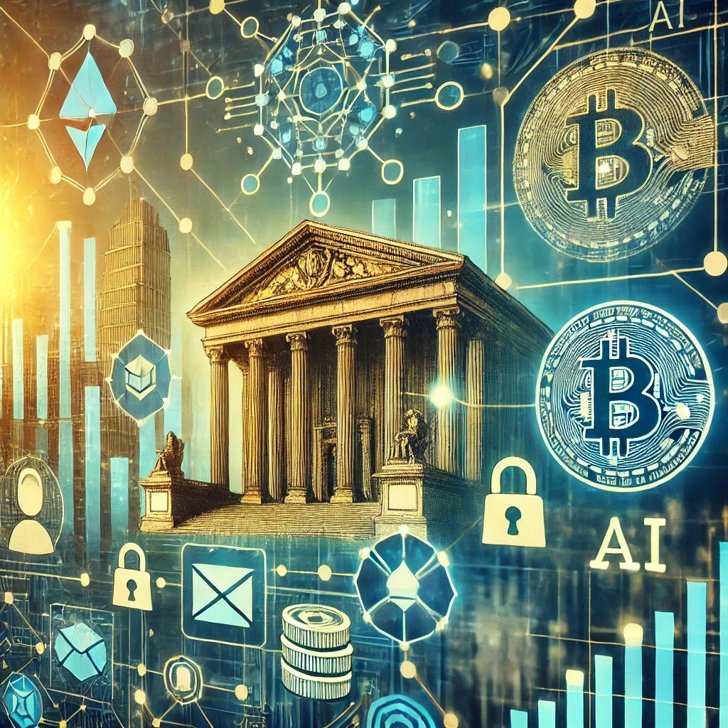 DALL·E 2024-09-02 17.13.03 - A detailed image showing the transformation of traditional finance through technological disruption. The image features digital banking icons, blockch
